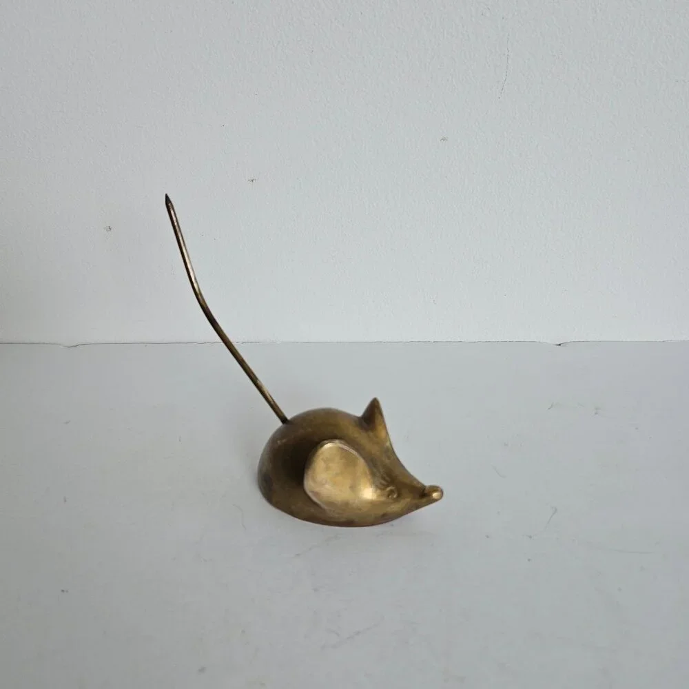 Brass miniature mouse figurine pointy tail ring holder